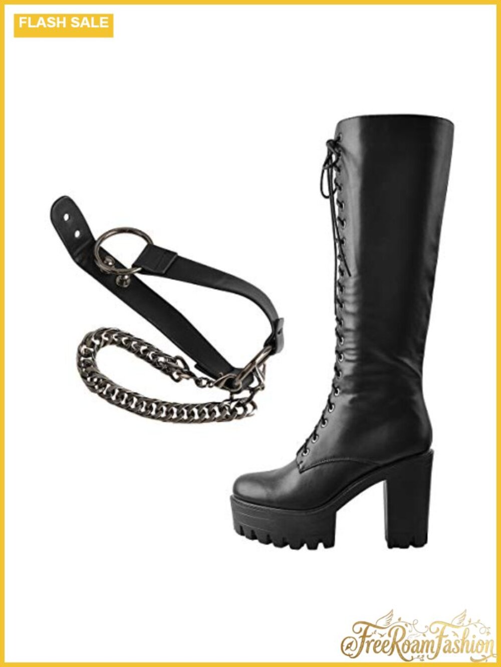 Platform Combat Knee High Boots with Chain PU Leather Block Heel